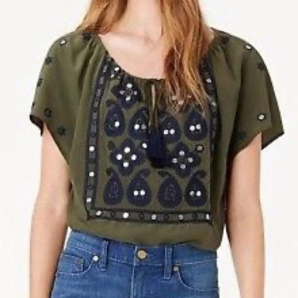 Tory Burch Camille Silk Embroidered Peasant Blouse in Green & Navy - Size 6